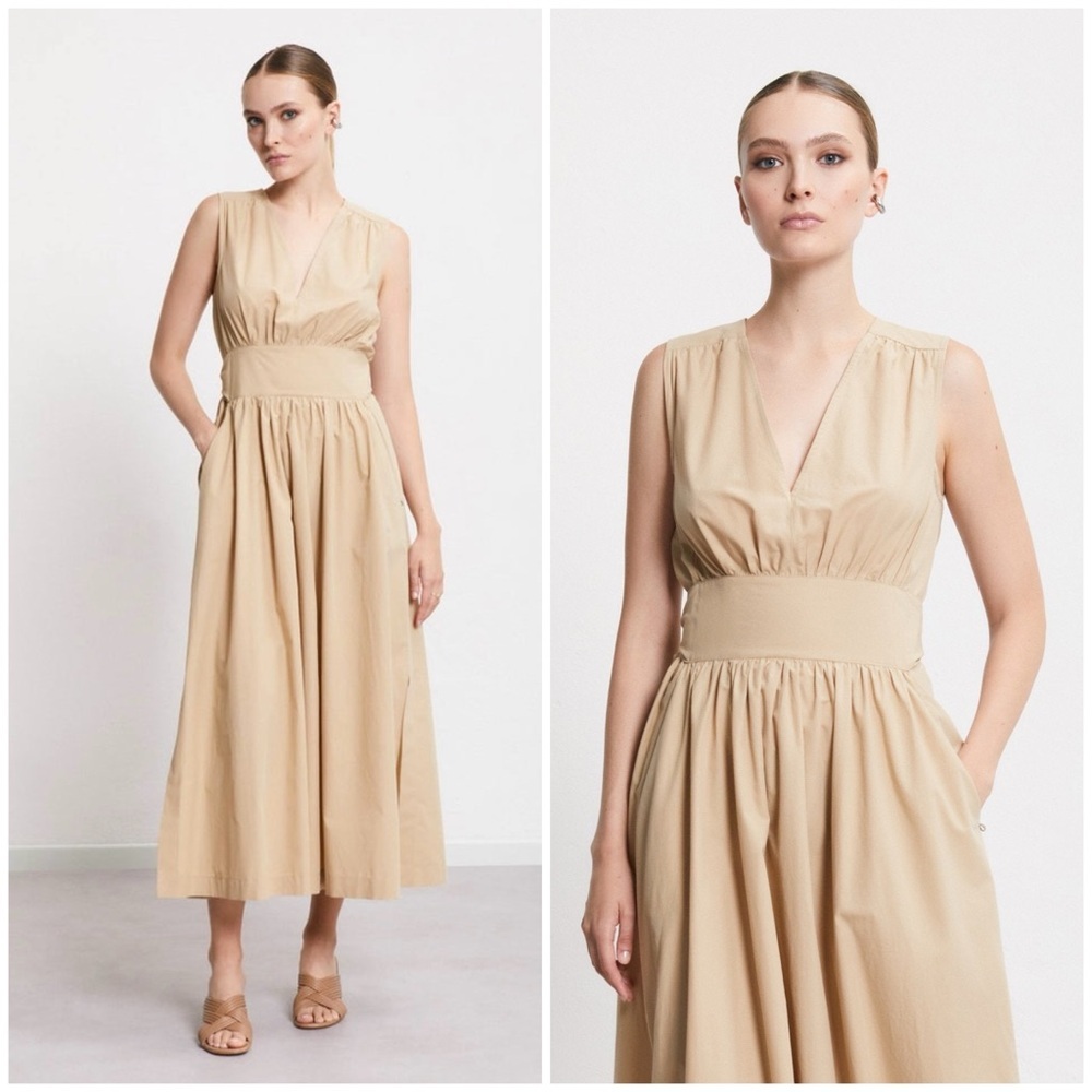 Ottod'Ame Designer Dress Long Poplin Cotton Beige Maxi Casual Chic US 4